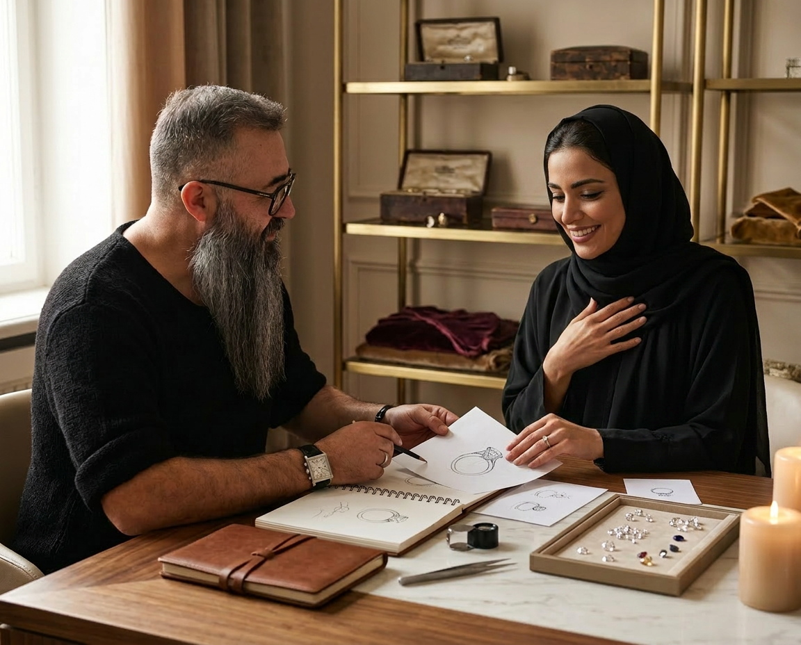 The designer presenting a bespoke ring sketch to a delighted client at the atelier