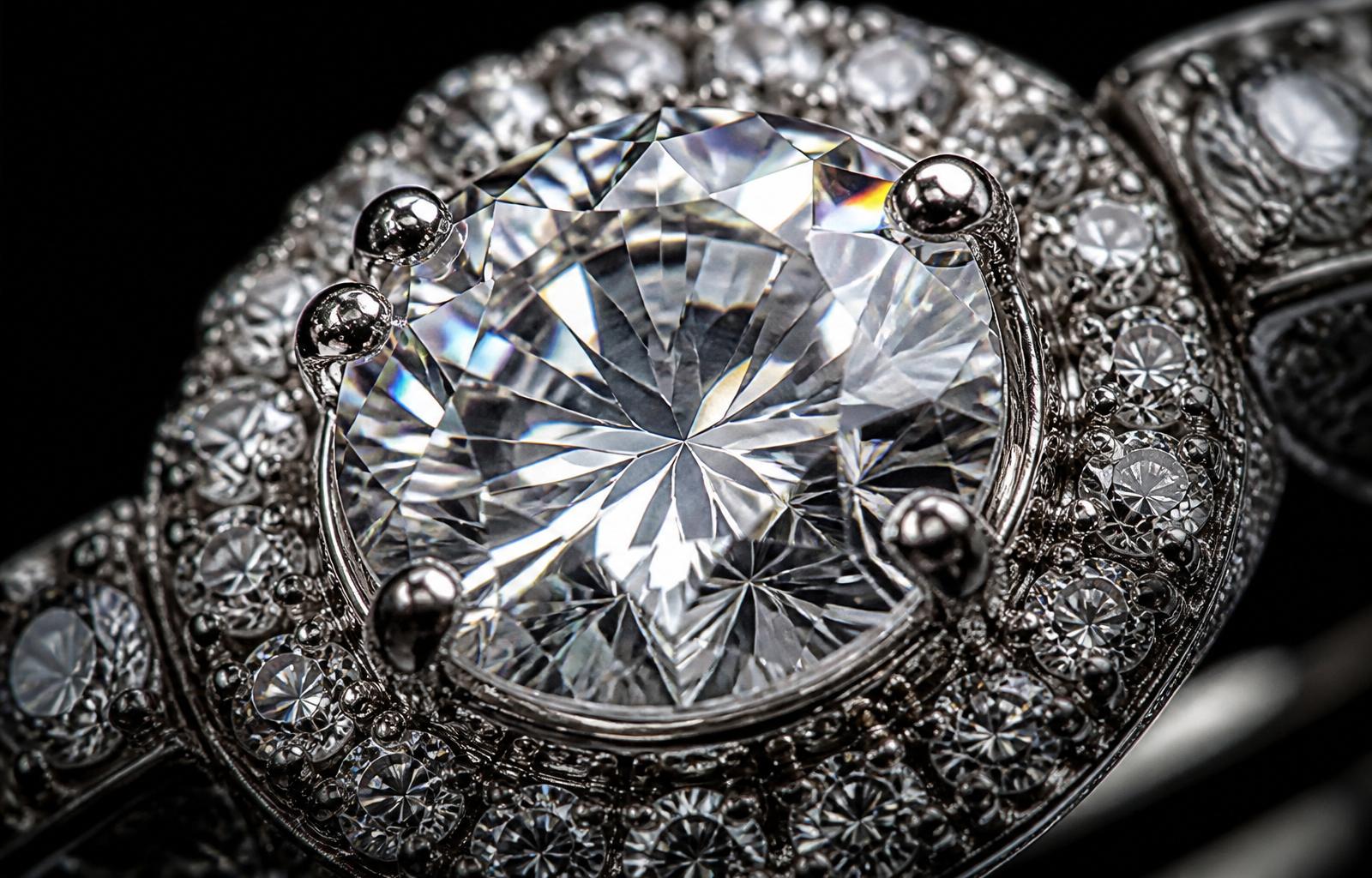 Macro of a diamond pavé setting under jeweler's loupe