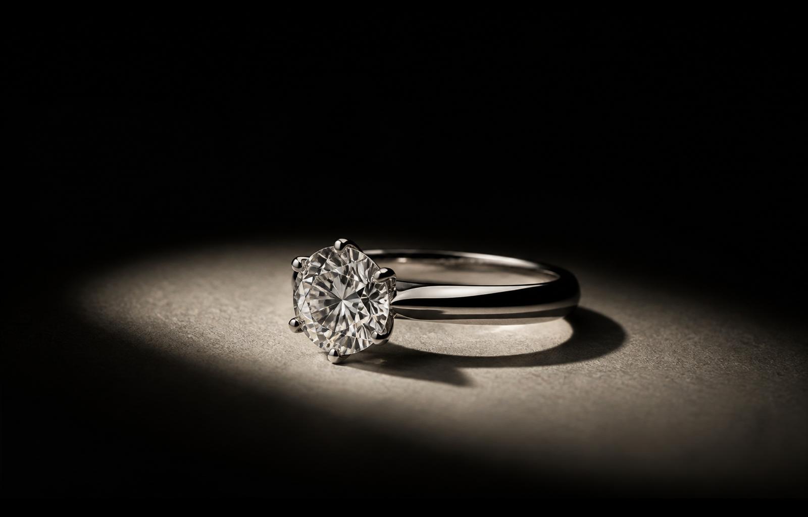 A solitary sculptural ring in a shaft of light